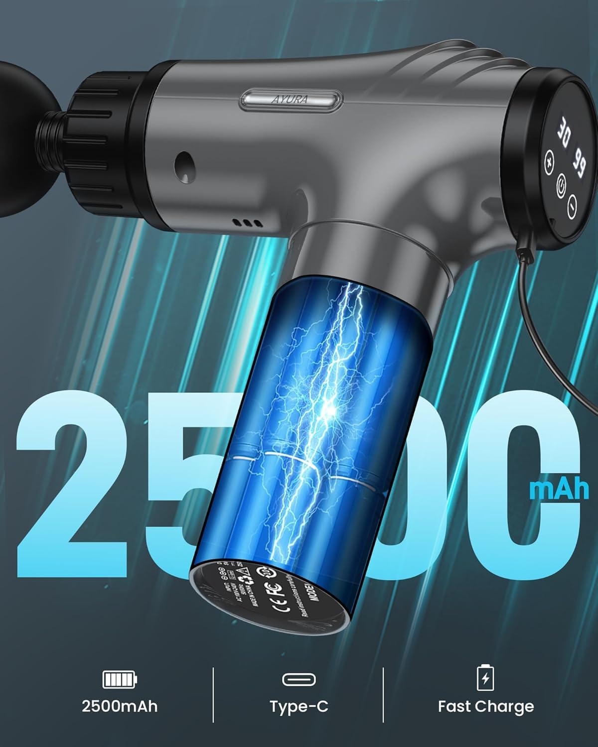 AYURA Massage Gun, Deep Tissue Percussion Muscle Massager Gun, Handheld Back Massager for Pain Relief, Electric Massager with 30 Speeds and 6 Heads for Athletes Men Women