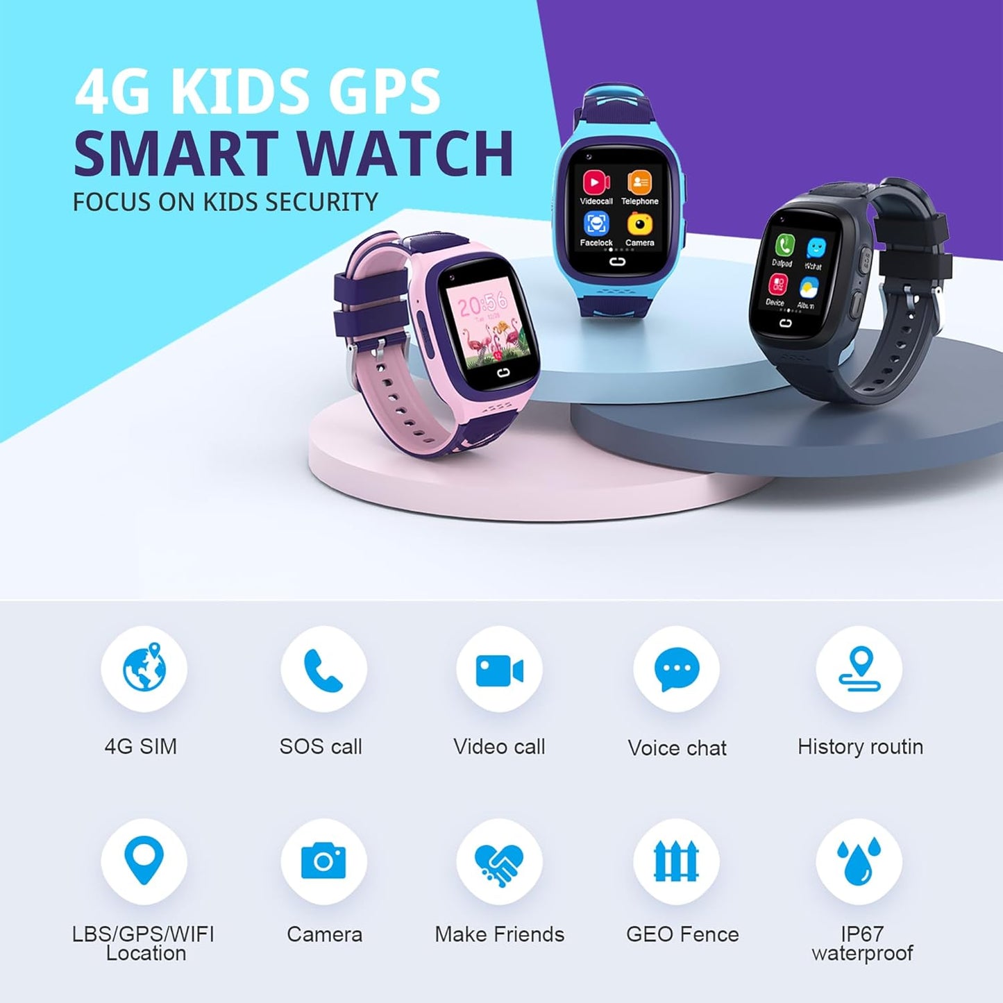 4G Kids Smart Watch Boys with GPS Tracker Location Video Call Cell Phone SOS Calling Voice Chat Camera Alarm Clock for Ages 5-12 Kids (Blue)