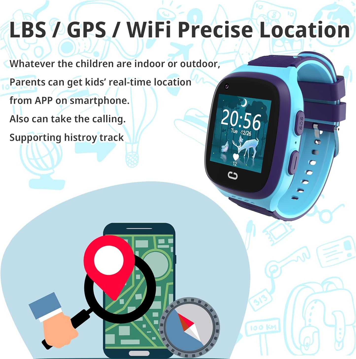 4G Kids Smart Watch Boys with GPS Tracker Location Video Call Cell Phone SOS Calling Voice Chat Camera Alarm Clock for Ages 5-12 Kids (Blue)