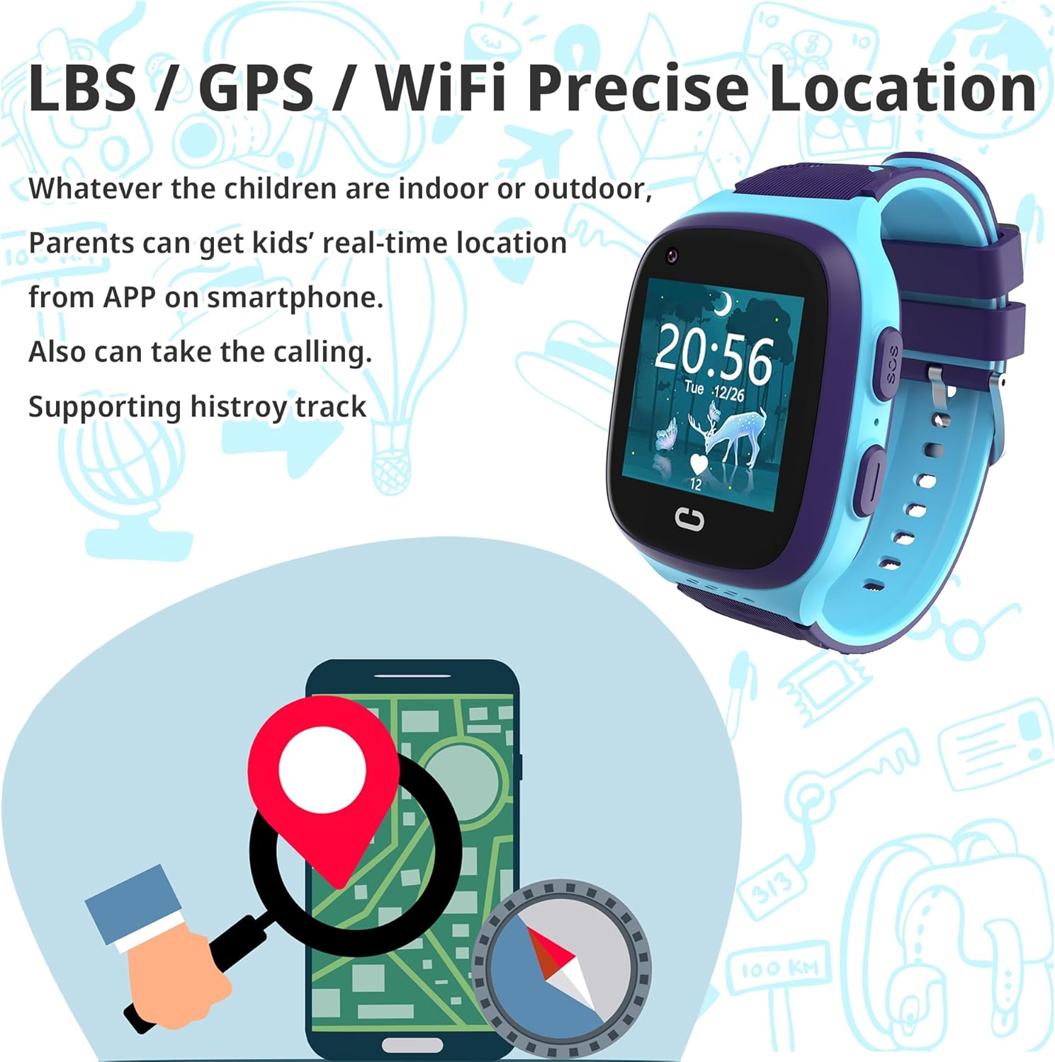 4G Kids Smart Watch Boys with GPS Tracker Location Video Call Cell Phone SOS Calling Voice Chat Camera Alarm Clock for Ages 5-12 Kids (Blue)